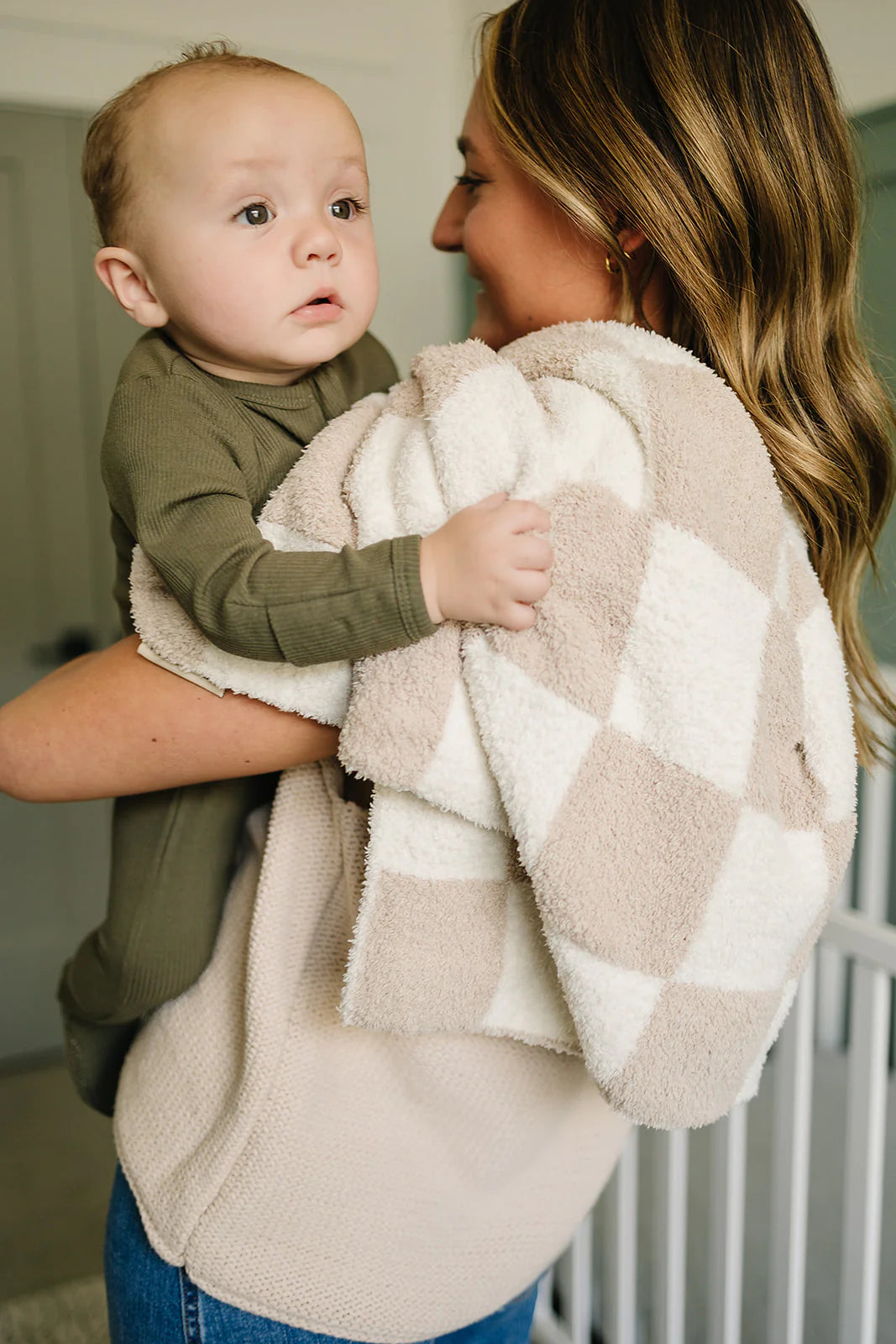 taupe checkered plush blanket