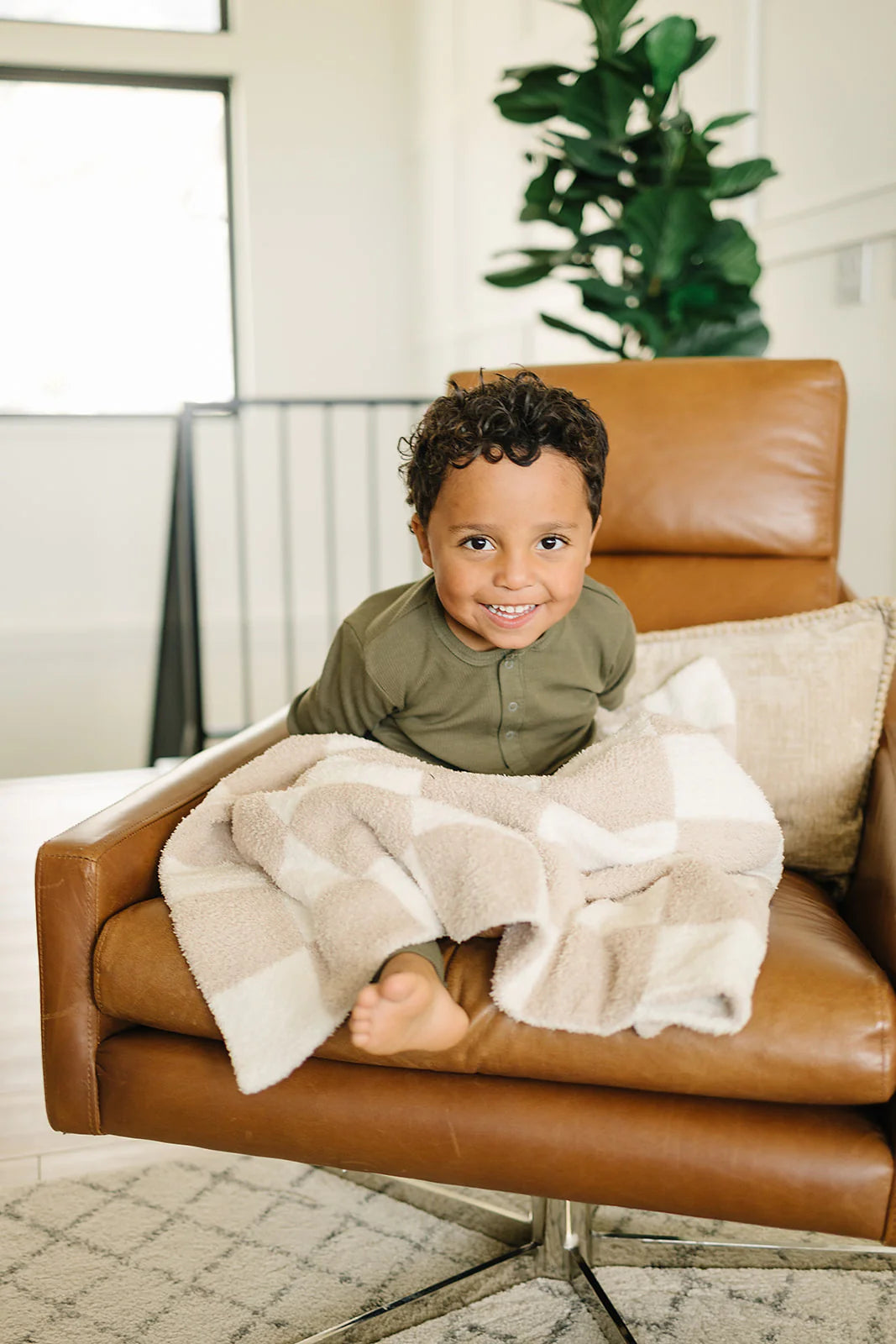 taupe checkered plush blanket